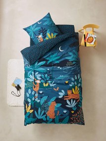 Conjunto capa de edredon + fronha de almofada para criança, tema Jungle night azul escuro liso com motivo