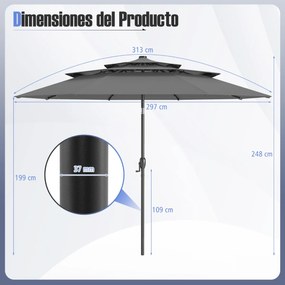 Guarda-sol Jardim de 313 cm com 32 luzes LED Teto ventilado de 3 níveis Ajuste de inclinação Cinzento