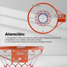 Aro de basquetebol de 45 cm de alta resistência para montagem na parede com mola dupla e rede Laranja