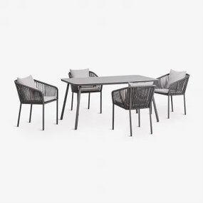 Conjunto De Mesa Retangular 160x90 Cm E 4 Cadeiras De Jardim Em Corda Trançada Arhiza Classic Cinza Grafito - Sklum
