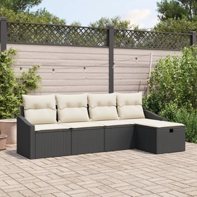 Conjunto de Sofá de Jardim de 5 Peças com Almofadas Preto Rattan Polié