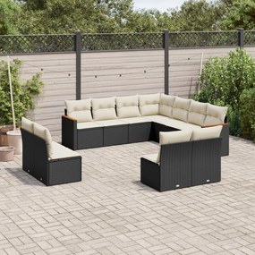 11 pcs conjunto sofás de jardim c/ almofadões vime PE preto