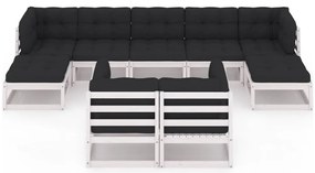 9 pcs conj. lounge de jardim c/ almofadões pinho maciço branco