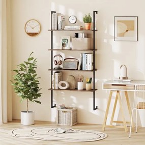 Estante flutuante de parede 76 x 30 x 163 cm com 4 níveis, estrutura metálica e escada de madeira, estilo industrial moderno, cor café