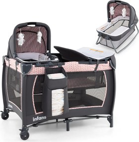 Berço com Centro de atividades 5 em 1 para bebés, parque e mesa para trocar fraldas. Inclui brinquedos suspensos, caixa de música, rodas e cesto. Pret