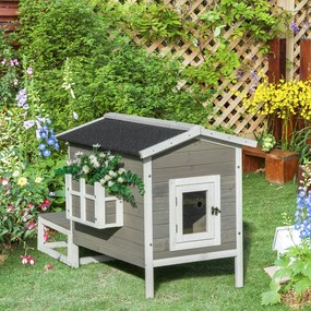 Casinha para gatos com compartimentos abertos externos elevados e terraço impermeável em madeira, 115 x 66,5 x 74,7  cm, cinzenta