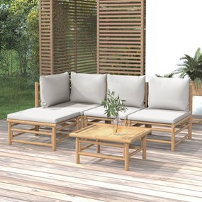 5 pcs conj. lounge de jardim bambu c/ almofadões cinzento-claro