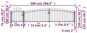 Portão p/ cerca de jardim com topo em lanças 5x1,5 m aço preto