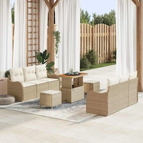 Conjunto de Sofá de Jardim vidaXL 9 Peças com Almofadas Bege Polirattan Acácia