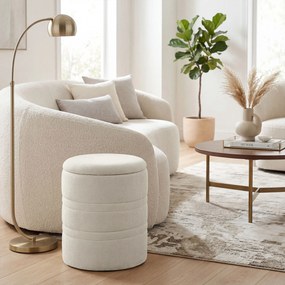 Pufe com espaço de arrumação em chenille e tampa Ø 36,5 x 46,5H cm, banco redondo para a sala e o quarto, bege