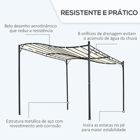 Pérgola de Jardim 3x3m Pérgola Montada na Parede com Toldo e 16 Orifícios de Drenagem Metal e Poliéster Creme