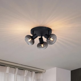 Candeeiro de Teto Moderno Preto com Vidro Fume Redondo 3 Luzes - Teddy