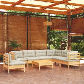 vidaXL 8 pcs conjunto lounge jardim c/ almofadões creme pinho maciço
