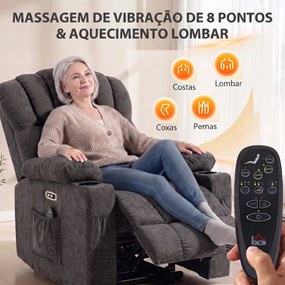 Poltrona Relax Reclinável Elétrica Elevatória com Massagem Vibratória, Calor, Assento Largo, USB-C, USB-A, Bolsos, Preta