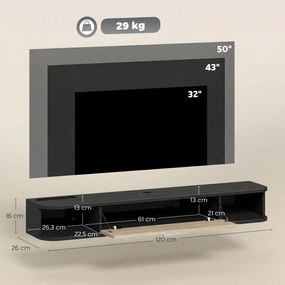 Móvel de TV suspenso de 120 (L) x 26 (P) x 16 (A) cm, para televisores até 50 polegadas, com porta rebatível, 2 prateleiras abertas preto e cor carval