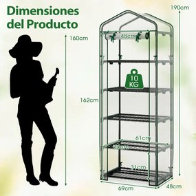 Mini estufa para interior e exterior 69 x 48 x 190 cm com 5 estantes, cobertura em PE e estrutura metálica antiferrugem jardim Verde+transparenet
