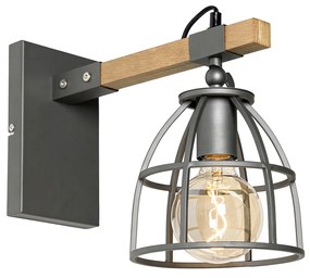 Candeeiro de parede industrial cinzento escuro com madeira ajustável - Arthur Industrial