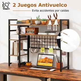 Estante para meter sobre mesa com 4 níveis e compartimento aberto na parte traseira e 6 ganchos 94 x 25 x 73,5 cm castanho