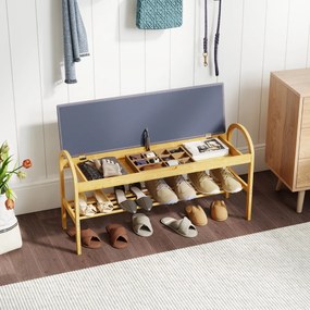 Banco de bambu para sapatos 101 x 31 x 51 cm com tampa rebatível acolchoada, compartimento oculto  para sala Cinzento