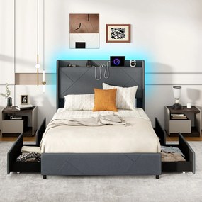 Cama 160x200 Iluminação LED e régua de energia USB-C e USB-A 4 gavetas 2 bolsos de armazenamento Estrutura de cama com base de ripas Cabeceira de armazenamento cinza