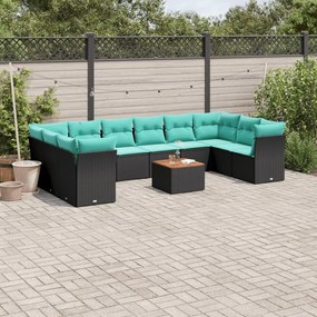 vidaXL 11 pcs conjunto sofás de jardim c/ almofadões vime PE preto