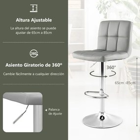 Conjunto de 2 bancos bar em pele sintética com assento giratório de altura regulável 360°, apoio para os pés e base metálica cinzentos