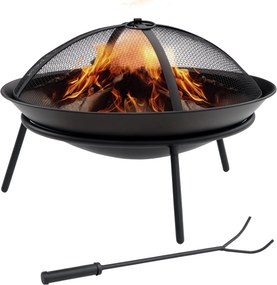Outsunny Braseiro Exterior Metal Tampa Protetora Faíscas Atiçador Varanda Campismo Ar Livre Resistente Ø47x33 cm Preto | Aosom Portugal