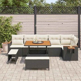Conjunto de Sofá de Jardim com 9 Peças com Almofadas Preto Polirattan