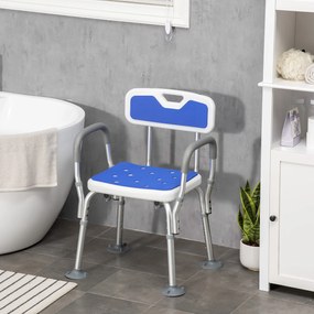 Banco de duche ergonómico com altura ajustável e pés antiderrapantes, 56,5 x 53,5 x 87 cm, branco e azul