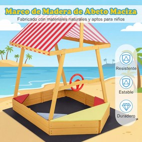 Caixa de areia infantil em madeira de abeto 135 x 103 x 140 cm, em forma de barco, com toldo em poliéster, volante giratório, 4 assentos e tapete, Ver