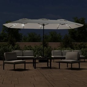 Guarda-sol de jardim c/ cabeça dupla/LED 449x245cm branco areia