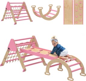 Triângulo de escalada infantil 8 em 1 com rampa de dupla face, arco de escalada em madeira com escorrega e escada, cor-de-rosa