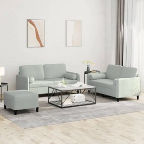 3202004 vidaXL 3 pcs conjunto de sofás com almofadas veludo cinzento-claro