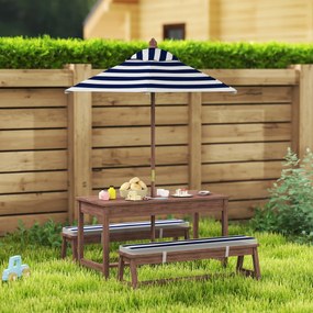 Conjunto de mobiliário de jardim para crianças, com almofadas e guarda-sol amovível, às riscas em azul-marinho e branco