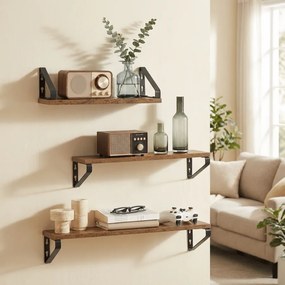 Conjunto de 3 prateleiras suspensa de parede, 3 tamanhos castanho-preto