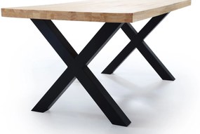 Mesa de jantar fixa, sala de estar, modelo X-LOFT, tampo em madeira maciça em carvalho bravo de 54 mm de espessura, pés metálicos, mede 160x90x76cm de