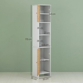 Coluna Casa de Banho Móvel Auxiliar Casa de Banho com Prateleiras Ajustáveis e Portas de Bambu 35x30x170 cm Branco e Madeira