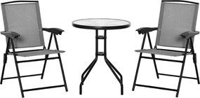 Outsunny Conjunto de jardim 3 peças 2 cadeiras reclináveis multi-posições dobráveis mesa redonda vidro temperado metal textilene cinza | Aosom Portugal