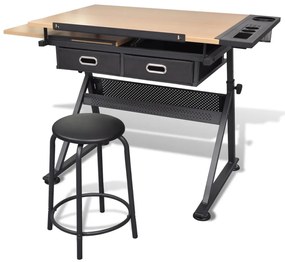 Mesa de desenho com tampo inclinável/banco/2 gavetas