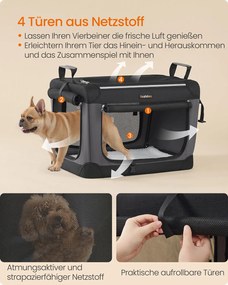 Transportadora dobrável para animais estimação 60 x 42 x 42 cm com 4 portas em tecido de rede Preto