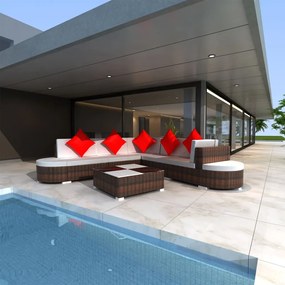 vidaXL 8 pcs conjunto lounge jardim c/ almofadões vime PE castanho