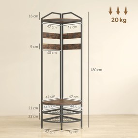 Móvel de entrada de canto 47 L x 47 P x 180 A cm, com 4 níveis, espaço para guardar sapatos, 8 ganchos amovíveis, 2 prateleiras, castanho rústico