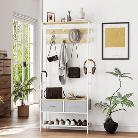 Móvel Cabide de Entrada com Banco Sapateira 8 Ganchos 2 Gavetas de Tecido Barra Prateleira 80x30x180,5 cm Branco e Madeira