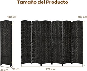Biombo dobrável de 6 painéis 270,5 x 1,5 x 180 cm com moldura em madeira natural para escritório em casa ou sala de estar Preto