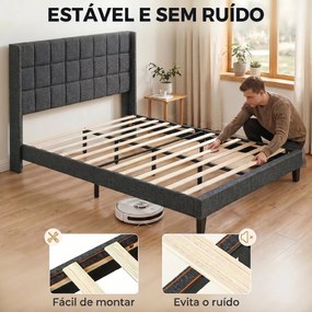 Cama de Casal 135x190 cm com Cabeceira Estofada com Laterais e Arrumação Inferior, Cinzento