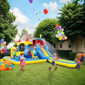 Castelo insuflável com soprador 620C x 320L x 220A cm, parque aquático, escorregas, trampolim, parede de escalada, canhão e cesto de basquetebol multi