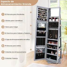 Espelho giratório 360° para joias com espelho de corpo inteiro Organizador de joias com espelho para maquilhagem 39 x 39 x 161 cm Cinzento