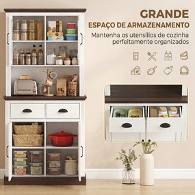 Armário de Cozinha Alto com Portas de Vidro 2 Gavetas Prateleiras Ajustáveis e Nicho Aberto 80x38x170 cm Branco