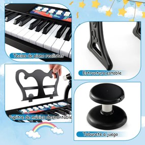 Piano eletrónico para crianças de 37 teclas com banco ajustável microfone removível suporte de música brinquedo eletrionico Preto