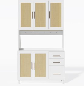 Móvel de cozinha com acabamento em rattan trançado e puxadores metálicos dourados, luzes LED decorativas, 100x40x183 cm, Branco| AOSOM Portugal
